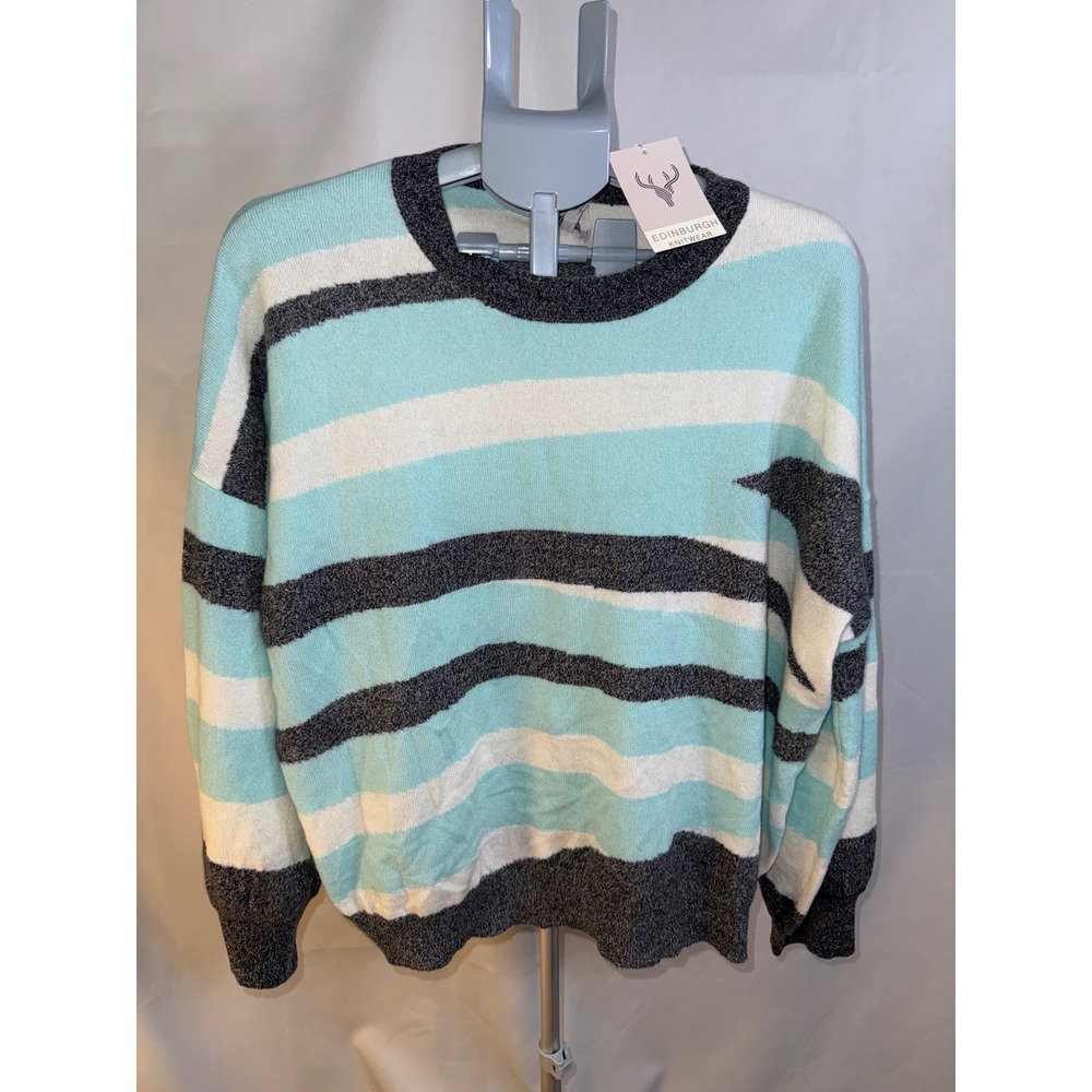 Edinburgh Knitwear Brodie Cashmere Crew Sweater Striped Blue White Grey XL NWT